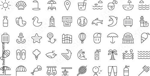 Summer vacation and travel line icon set vector with beach, sea, sun, food, luggage, water sports, and holiday symbols for web and UI design