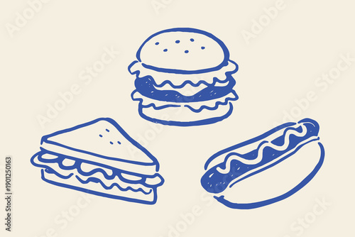 Burger sandwich and hot dog doodle vector illustration