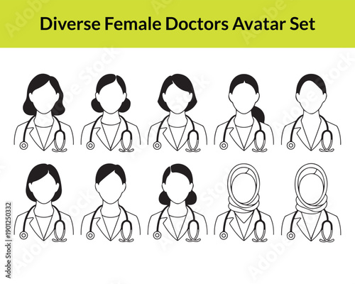Diverse Female Doctor Avatar Set - Professional Healthcare Provider Line Icons with Hijab and Various Hairstyles