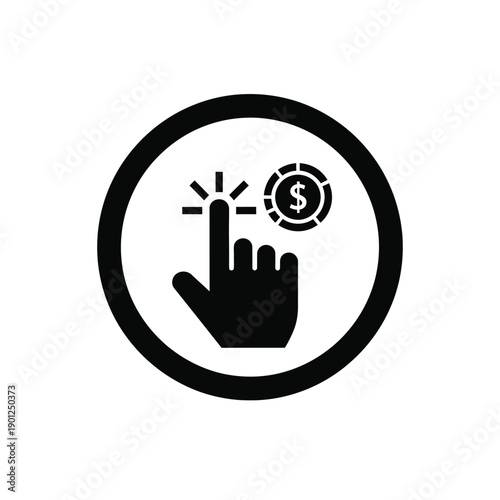Black icon of a hand with index finger pointing up and a dollar sign in a circle
