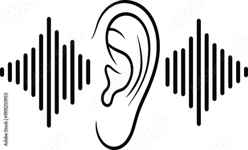 Human ear with sound wave illustration vector symbolizing hearing, audio perception, listening, sound detection, and acoustic communication for medical and audio design