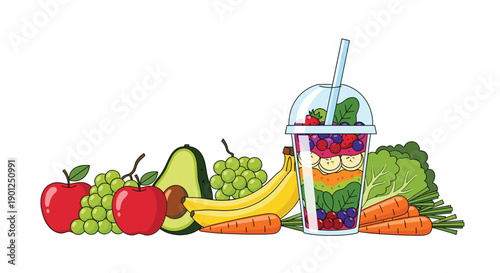 Abundant assortment of fresh fruits and vegetables including apples, grapes, bananas, avocado, carrots, lettuce, and a