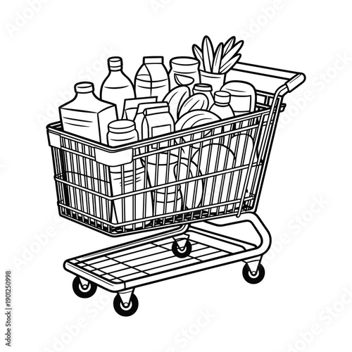 Black and white illustration of a full shopping cart brimming with groceries and household items