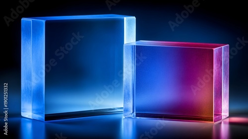 Two luminous, transparent, rectangular blocks against a dark backdrop, showcasing vibrant light diffusion