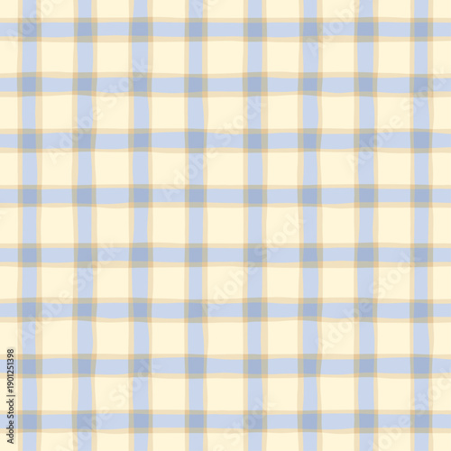 Cottagecore Gingham Plaid Checkered Seamless Pattern in Pastel Light Blue and Buttermilk Colors for Summer Kitchen Tablecloth in Italian Mediterranean Fabric Textile Design Background