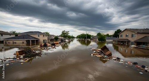 Severe flooding covers suburban streets and homes after heavy rain with debris floating and dark storm clouds showing disaster impact on residential community
