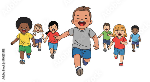Joyful group of diverse children with varying ethnicities running happily together, showcasing energetic childhood play