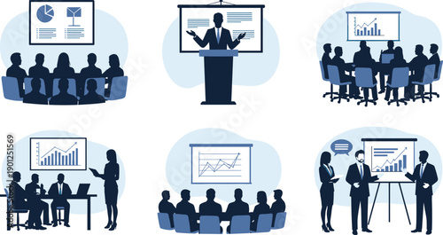 Business meeting presentation with charts and silhouetted people graphs