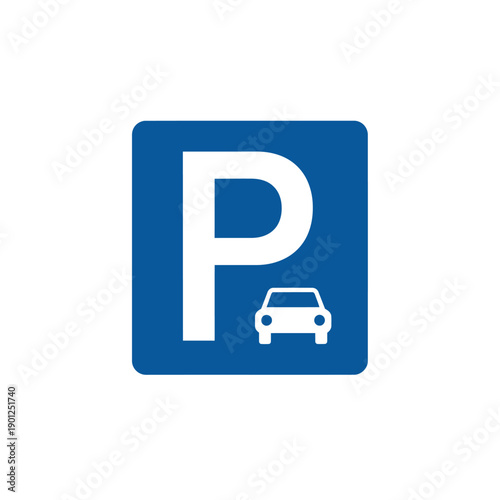 Blue parking sign with a white p and car symbol