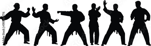Black silhouettes of men in various martial arts stances