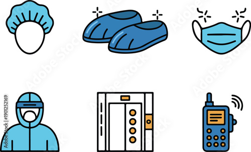 Glowing Neon Cleanroom Equipment Icon Set  Laboratory Tools and Safety Gear