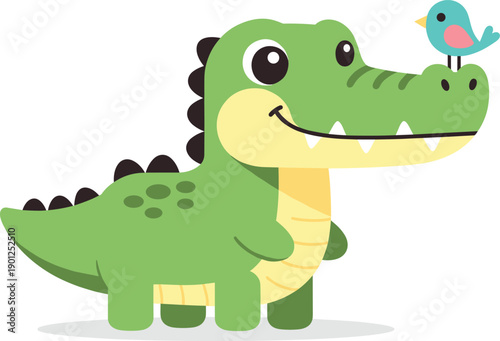 Cute cartoon crocodile with bird friend character isolated on white background vector