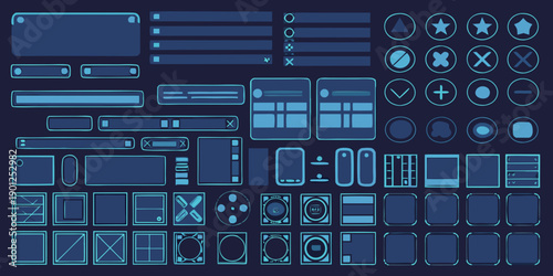 Collection of blue user interface elements and digital design assets