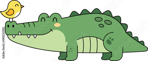 Cute cartoon crocodile with little bird character isolated on white background vector
