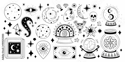 Mystical celestial and occult symbols in a black and white illustration