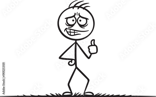Stressed stick figure employee showing thumbs up gesture while hiding pain, burnout and fake positivity illustration.