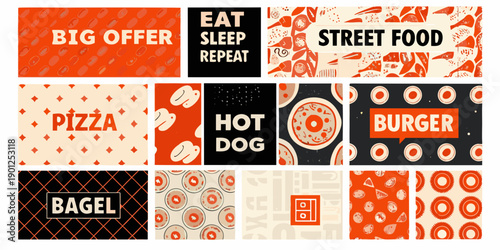 A collection of colorful food themed square signs with bold text