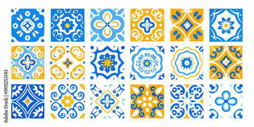 A collection of vibrant repeating tile patterns in blue and yellow hues