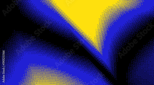 Halftone abstract background with bold blue and yellow geometric shapes and dotted gradient texture