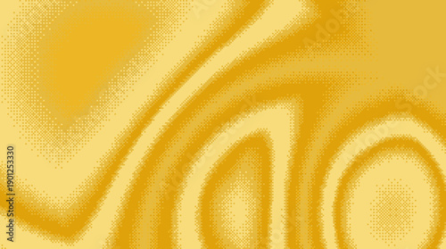 Abstract golden yellow halftone dot gradient background with fluid waves. Warm retro texture