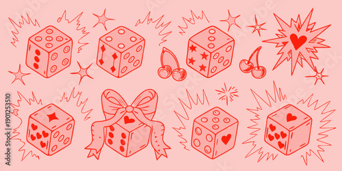 Hand drawn red dice hearts stars and casino elements on a pink background