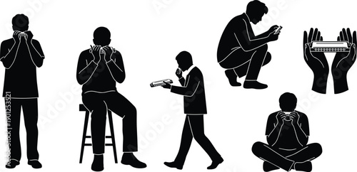 People playing harmonica in different poses and settings silhouettes black and white