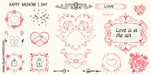 Valentine s day sketch collection with hearts cherubs and floral elements
