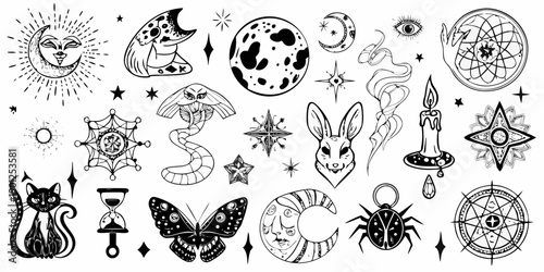 Collection of celestial and mystical symbols in black and white