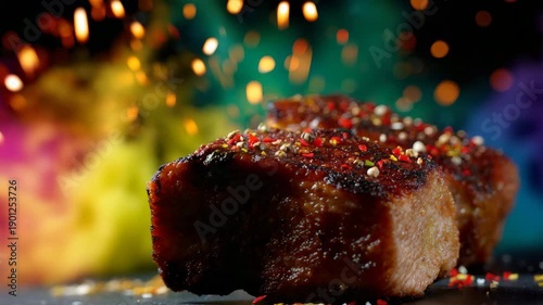 Juicy grilled meat with vibrant bokeh lights and colorful background