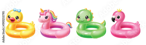 Set of Cute Animal Pool Floats: Yellow Duck, Pink Unicorn, Green Dinosaur, and Flamingo Inflatables