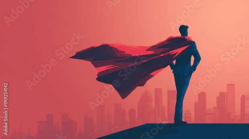 Businessman hero wearing cape looking at city skyline