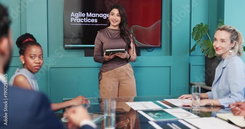 Screen, tablet and question with business woman in office for agile management practices workshop. App, meeting and presentation with employee person in boardroom for work adaptability discussion