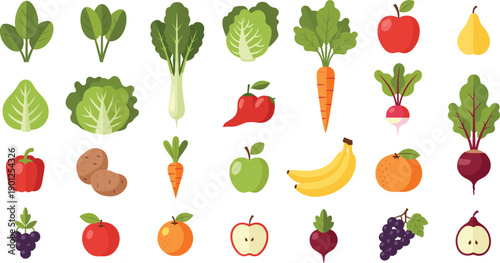 Fresh fruits and vegetables icons set with apples bananas carrots greens vector illustration