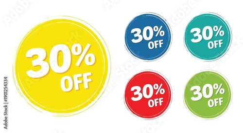 A collection of colorful circular badges indicating a 30% discount offer, with one large yellow badge and four smaller badges in blue, teal, red, and green.