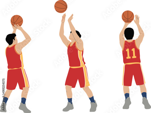 Basketball player shooting jump shot sequence isolated on white background sports action illustration athlete training movement technique teamwork competition concept