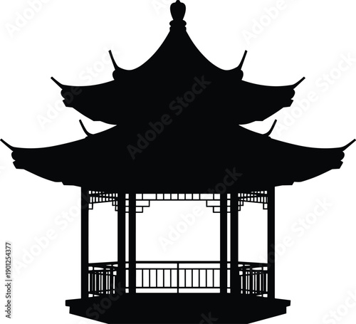 Cartoon silhouette illustration of East Asian pavilion with curved roof and columns, symbolizing cultural heritage, architecture, and traditional design.
