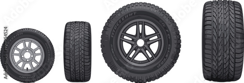 Car tire and wheel set vector illustration showing different automotive tires and rims front and side views isolated on white background for vehicle design