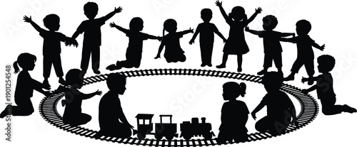 Children silhouette playing and jumping around toy train track isolated on white background happy kids activity illustration childhood playtime imagination education concept