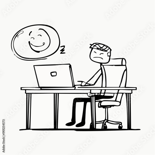 A man sits at a desk with a laptop, appearing unhappy while a smiley face floats above his head, on a white background.
