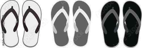 Minimal flip flop sandals vector illustration set showing white gray and black summer slippers isolated on white background for beach vacation footwear