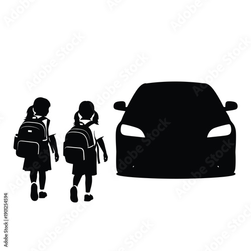 Silhouette of two schoolgirls with backpacks walking towards a car