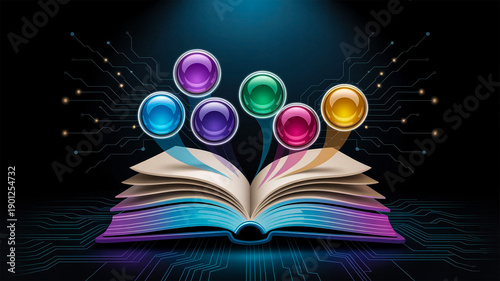 interactive digital learning interface, open book with blank glossy buttons for customization