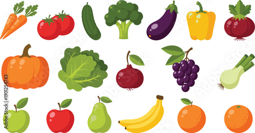 Fresh fruits and vegetables set with pumpkin apple banana grape tomato carrot vector