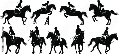 Black silhouettes of riders on horses in various positions white background