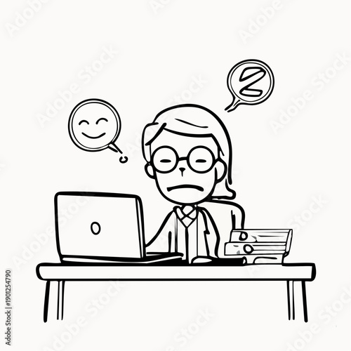 A frustrated businesswoman sits at a desk with a laptop and papers, with a frowning face and thought bubbles with a smiley face and an at sign above her head, on a white background with