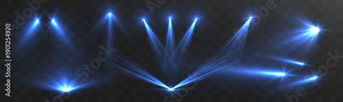 Blue stage spotlights and laser-like beams shining in multiple directions on a dark transparent background, creating a dynamic concert, club and performance lighting effect.
