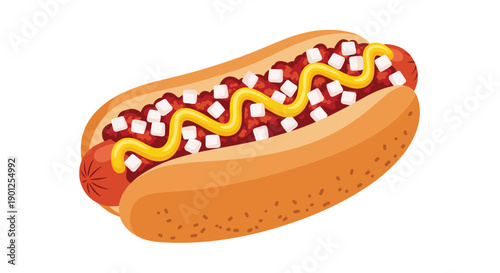 Classic Chili Dog with Diced Onions and Bright Yellow Mustard Sauce on a Soft Bun, Ready to Eat.