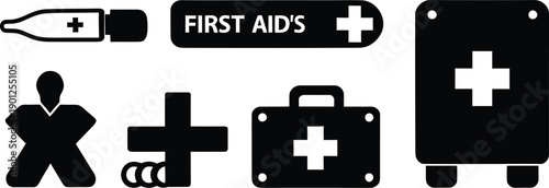 Silhouette style first aid logo icon set minimal vector art illustration on a white background
