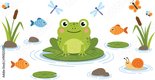 Cute frog on lily pad pond scene with fish snail insects cartoon vector