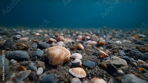 Close up of a tranquil underwater seabed teeming with scattered seashells and pebbles on sand
